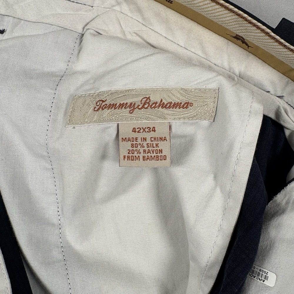 Tommy Bahama Dress Pants Mens 42x34 Navy Silk Rayon Herringbone Flat Front - Picture 8 of 12